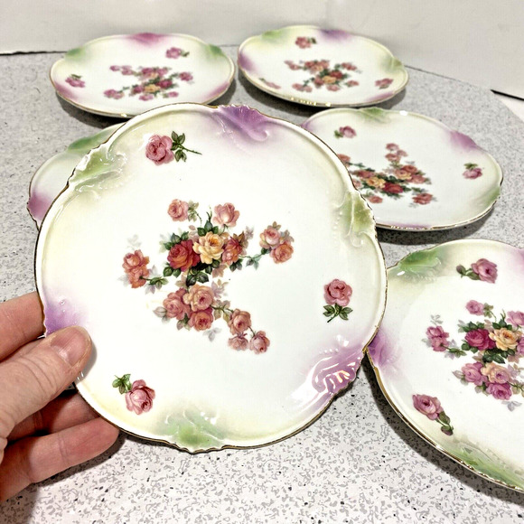 Art Nouveau Germany dessert bread plates set of 6 pink & yellow flowers romantic - Picture 4 of 9